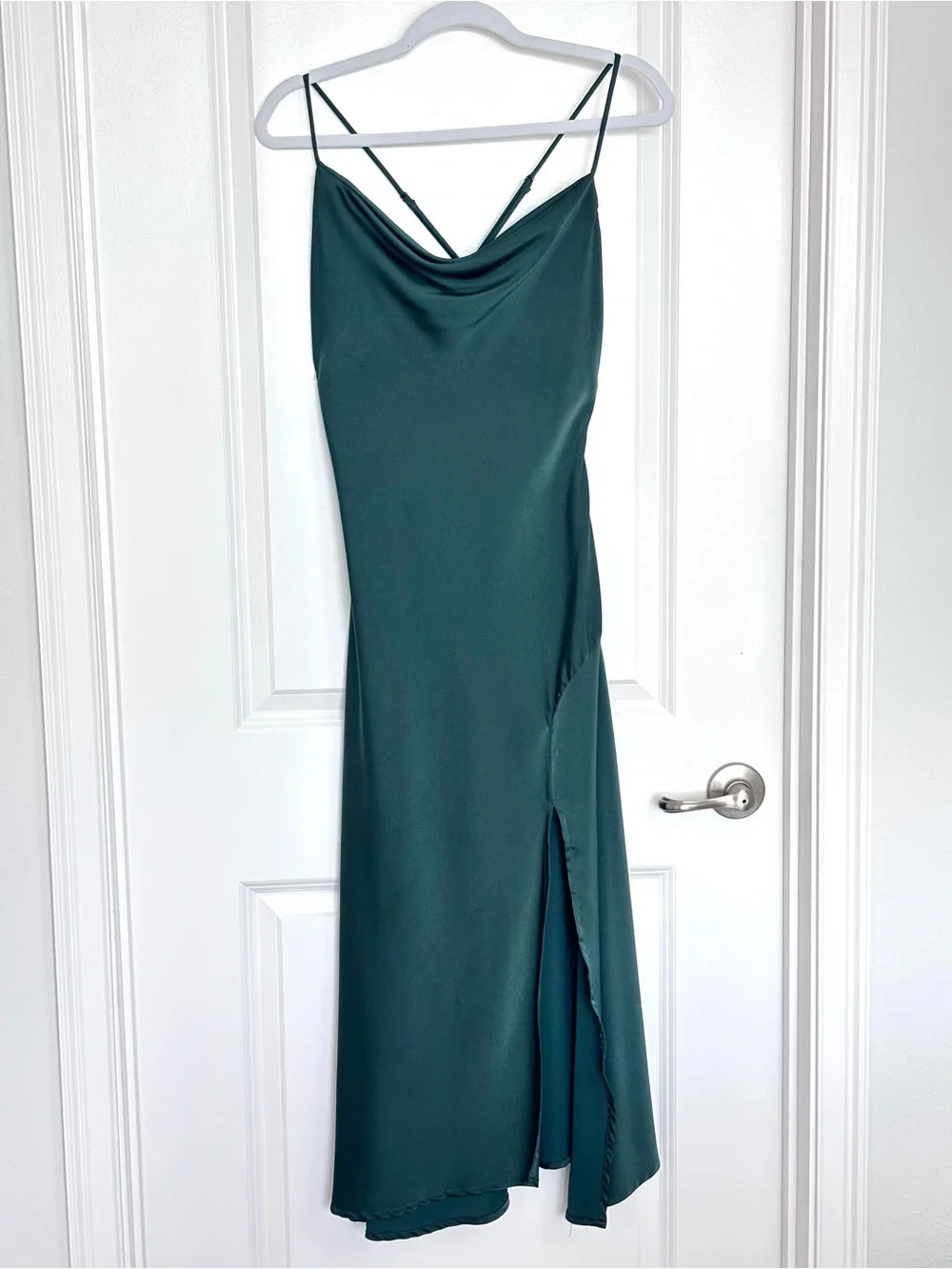 ASTR The Label Green Satin Slip Dress Cowl Neck Side Slit Maxi Formal Medium